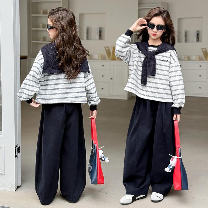 女童秋季时尚披肩条纹卫衣阔腿裤套装6~12岁中大童洋气宽松时髦潮