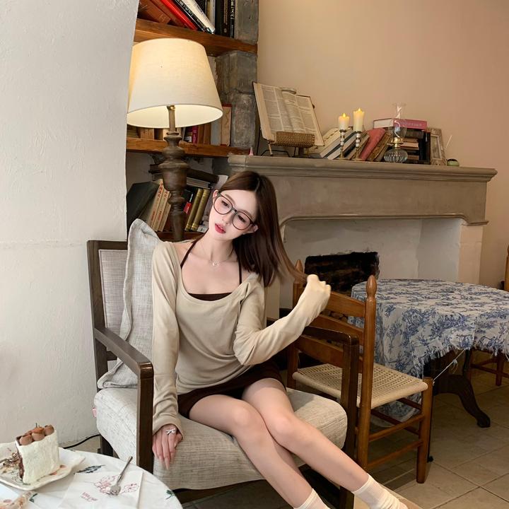 WRXS   早秋氛围感纯欲挂脖吊带背心女外搭长袖t恤包臀短裙三件套