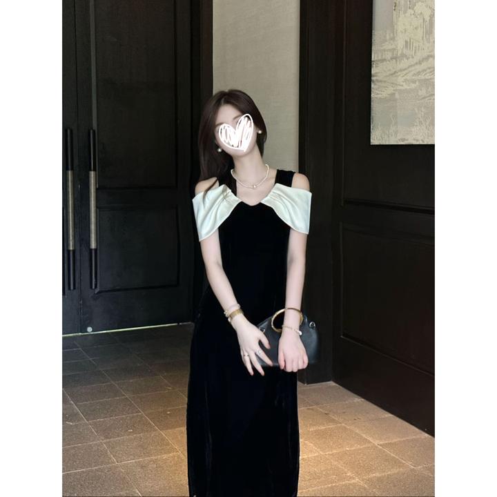 R123191W法式夏季时尚修身连衣裙方领露肩拼接中长裙