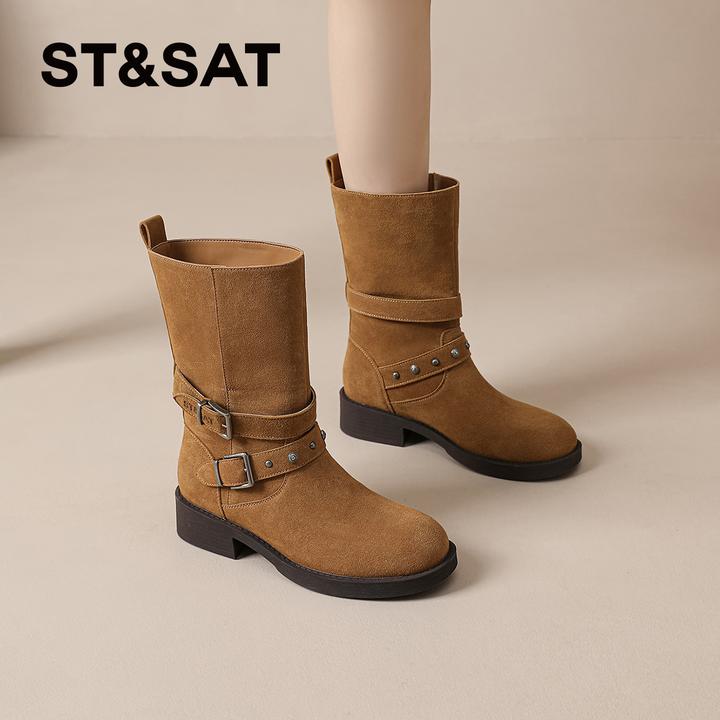 星期六马丁靴女2025秋冬季爆款棕色时装靴复古西部牛仔靴骑士靴爆