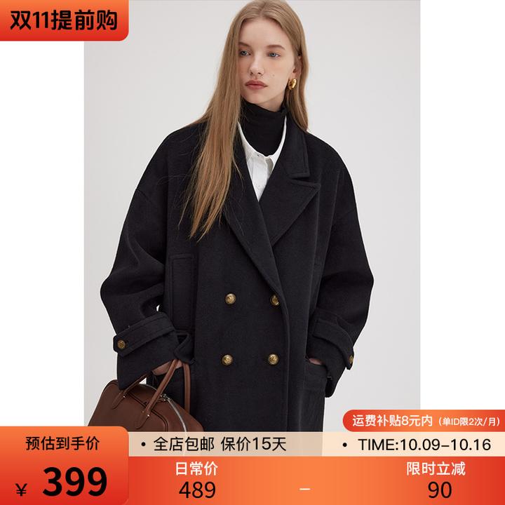 范洛 冬季黑色短款赫本毛呢大衣女英伦风双排扣呢子外套FD23W140