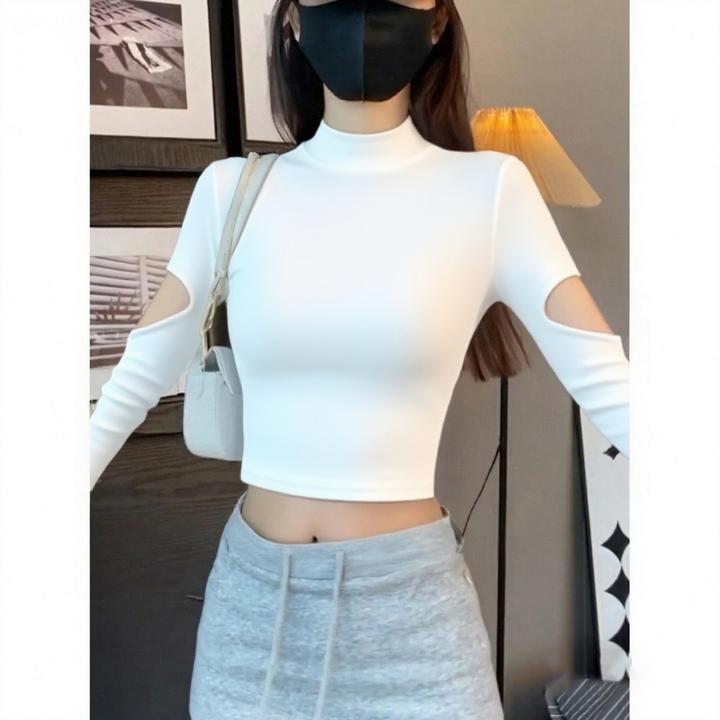 白色拼接袖长袖打底衫女短款内搭秋冬设计感小众百搭镂空螺纹上衣