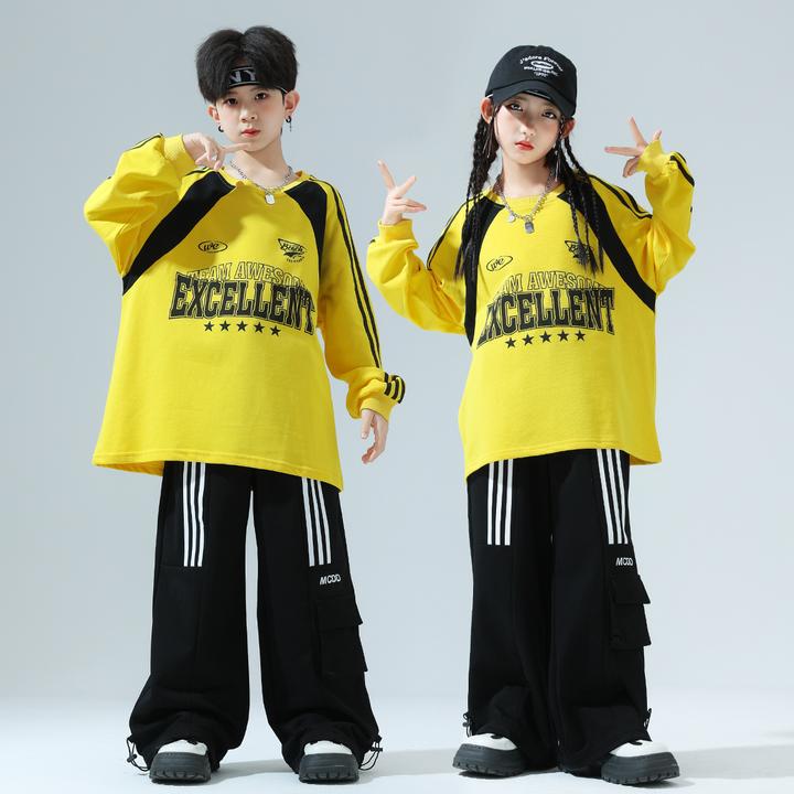 儿童嘻哈街舞潮服男女童酷帅长袖T恤hiphop架子鼓舞蹈演出服套装
