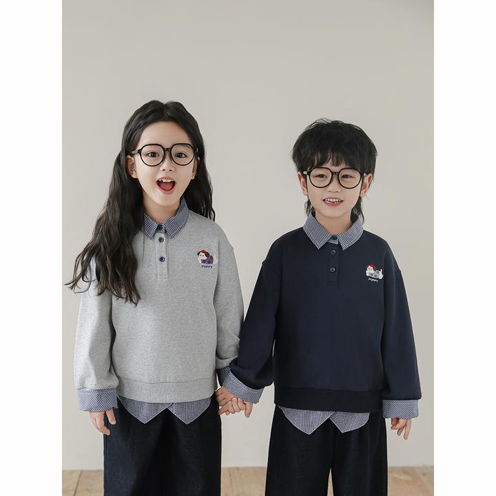 幼悠男童女童秋装学院风假两件衬衫卫衣独特洋气时髦女童装GQ4337