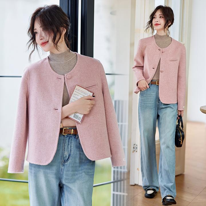 粉色短款双面羊毛大衣女装春秋冬新款洋气减龄气质小个子毛呢外套