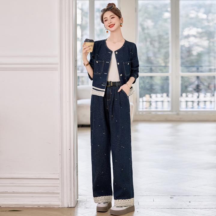 时尚套装女装2025春季春天衣服新款牛仔外套阔腿裤两件套休闲套装