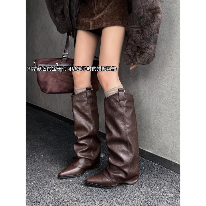 2025新款复古长筒靴时尚尖头不过膝长靴侧拉炼高筒靴时髦裤管靴
