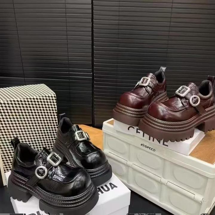 欧货大头金属扣方头女厚底2025新款小个子JK小皮鞋乐福鞋松糕单鞋