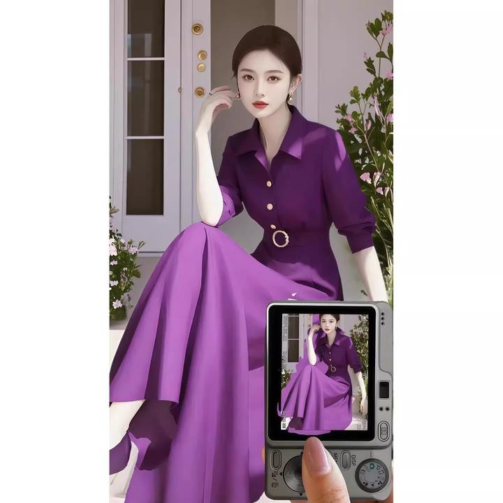 微胖妹妹大码紫色Polo领衬衫连衣裙女春季收腰气质减龄中长款裙子