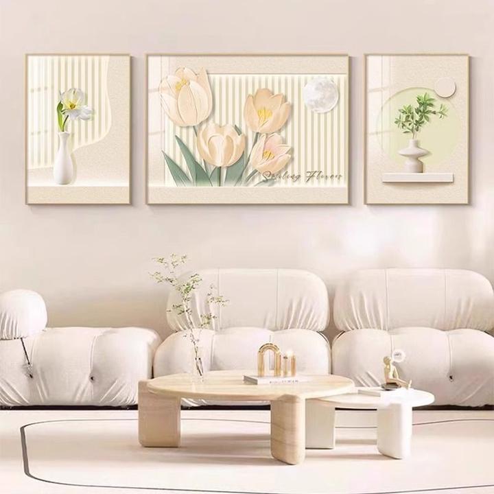 现代简约客厅装饰画北欧小清新绿植三联挂画郁金香沙发背景墙壁画