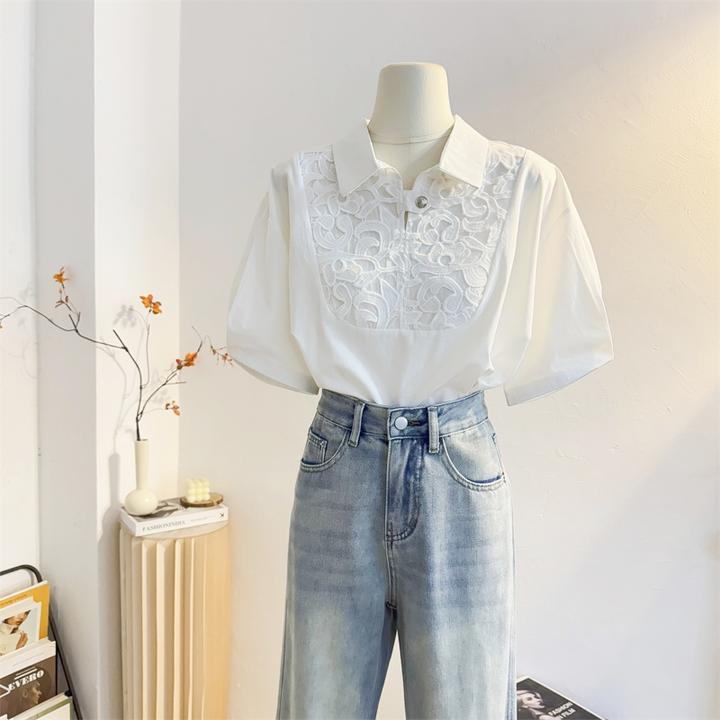 镂空花边拼接法式翻领短袖衬衫女夏设计感宽松通勤衬衣泡泡袖上衣