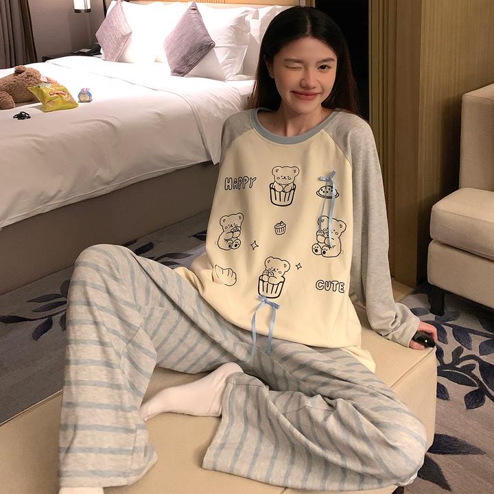 2025新款睡衣女春秋季德绒长袖2025新款大码保暖蛋糕熊套装家居服