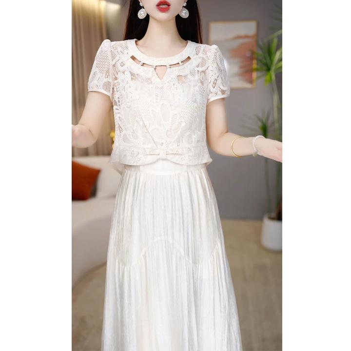 2025夏季新款吊带连衣裙+镂空外衫两件套时尚法式优雅修身套裙女