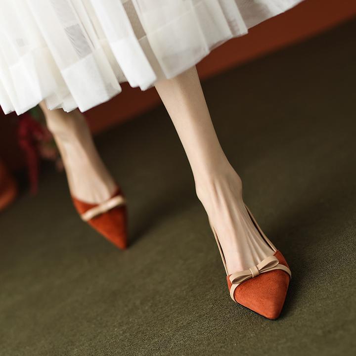 UHCK优雅气质拼色蝴蝶结女鞋2025春季新款细中跟尖头OL浅口单鞋女