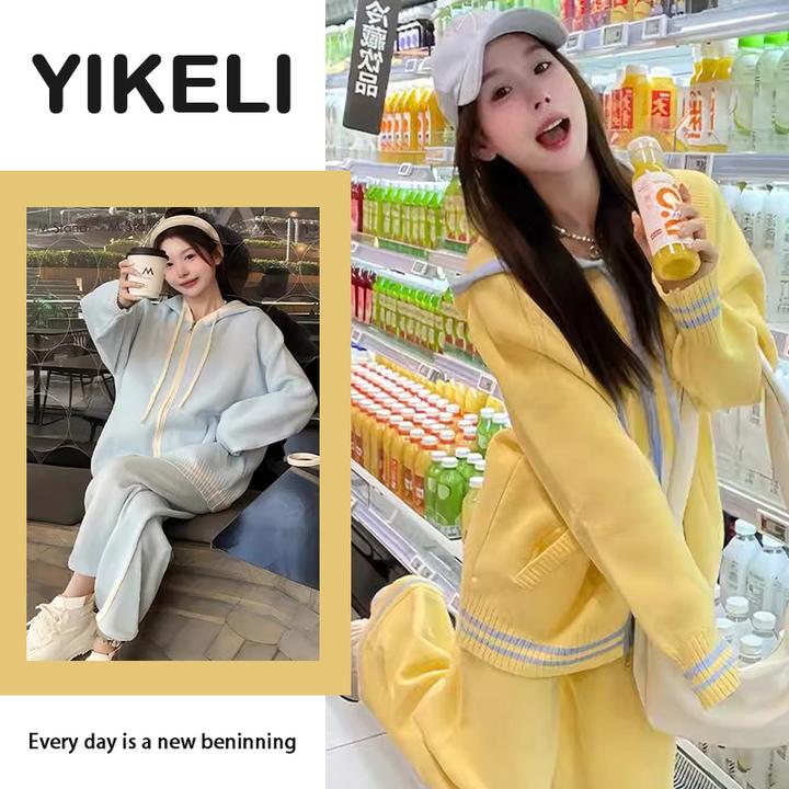 2025年春季新款韩版宽松休闲运动套装女连帽卫衣外套阔腿裤两件套