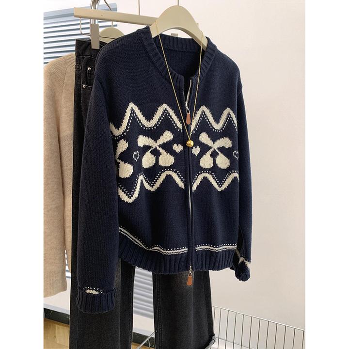 撞色双拉链毛衣外套女2025年冬季新款设计感时尚圆领针织开衫上衣