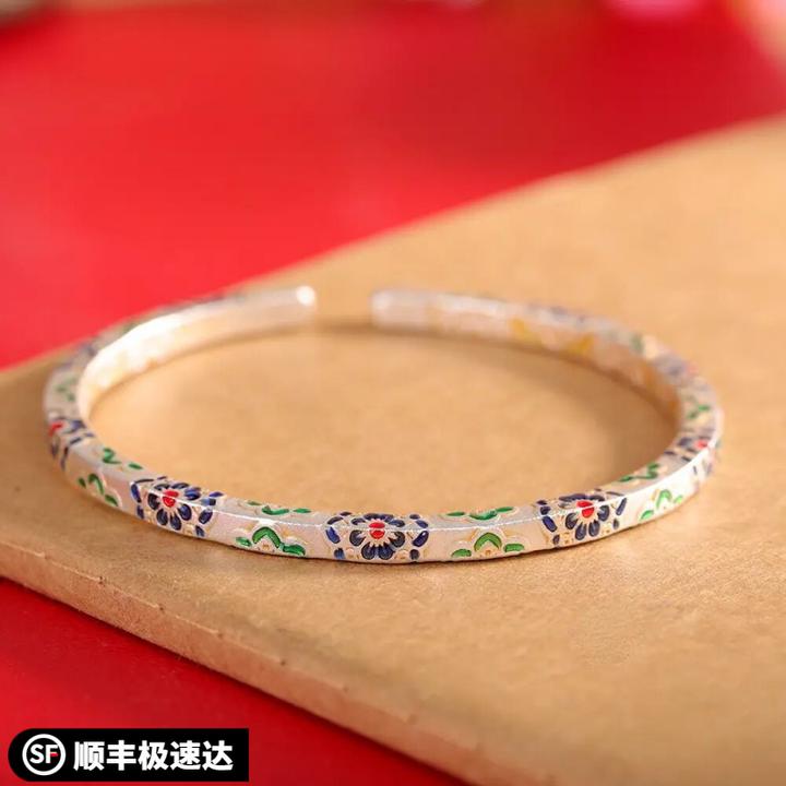 足银手镯 足银9999描金珐琅彩花卉手镯个性百搭小众开口手环