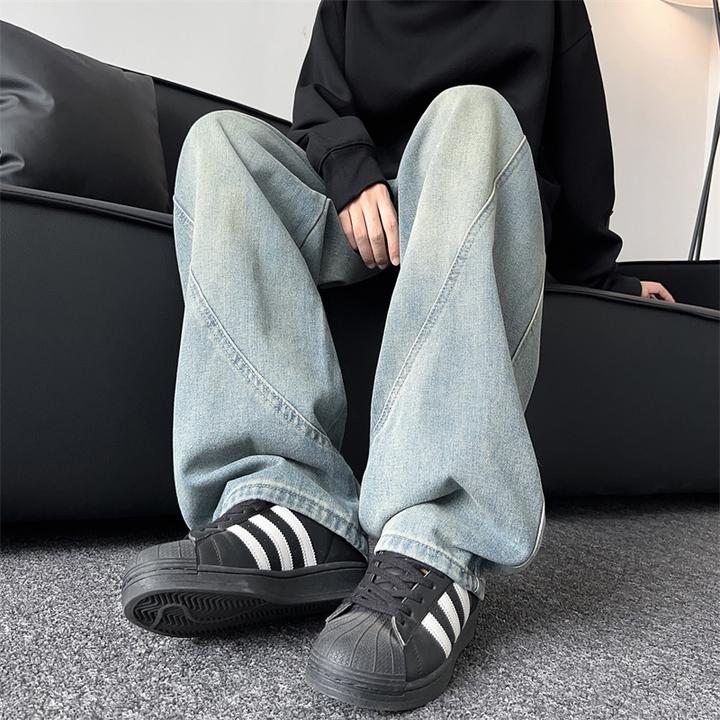 复古蓝牛仔裤男秋季美式潮牌拼接设计感大码宽松直筒阔腿休闲裤子