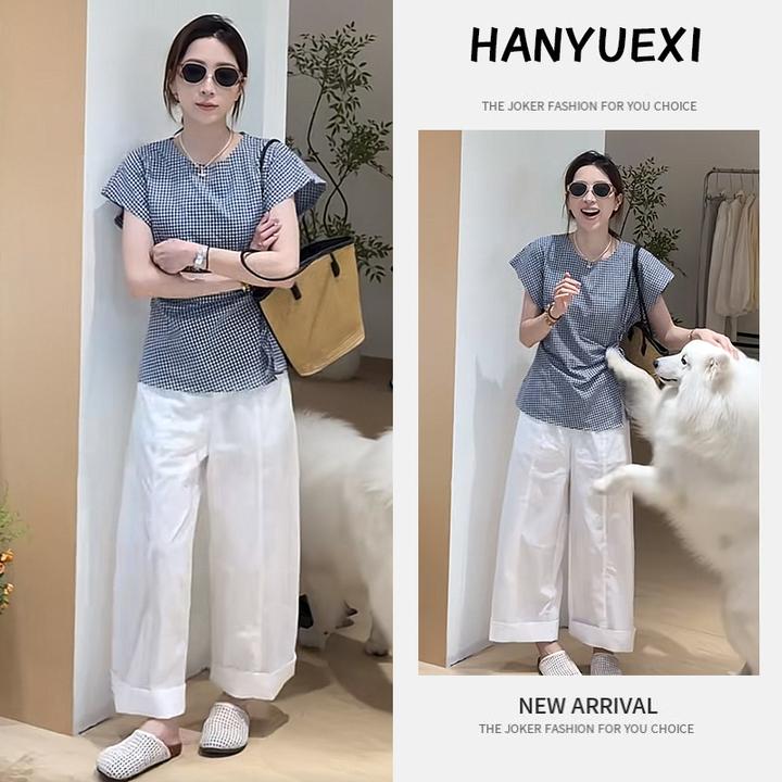 【现货】夏季时尚一整套女装2025新款格子衬衫百搭休闲阔腿裤两件套