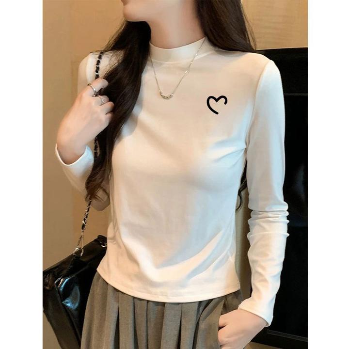 2025春秋季新款韩版长袖T恤女设计感纯色打底衫印花透气百搭上衣