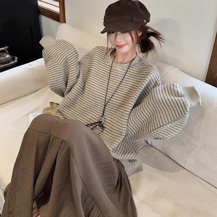 杏色仿兔绒韩系条纹圆领卫衣女款秋季宽松大码显瘦慵懒风休闲上衣