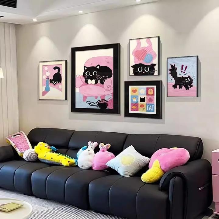 客厅装饰画复古高级感沙发背景墙挂画可爱猫咪组合多巴胺卡通壁画