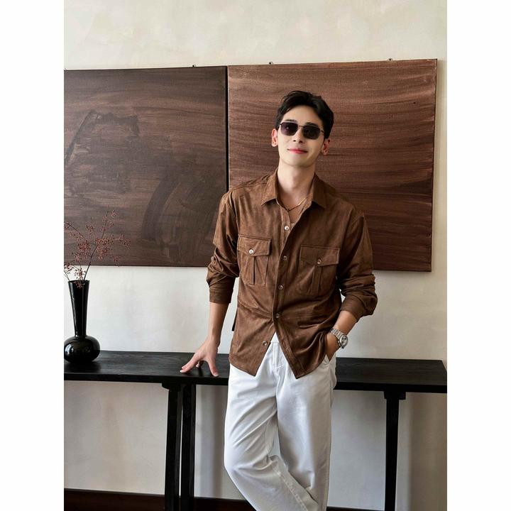「琥珀流光」秋季麂皮质感美拉德长袖衬衣复古工装男士休闲百搭衬衫