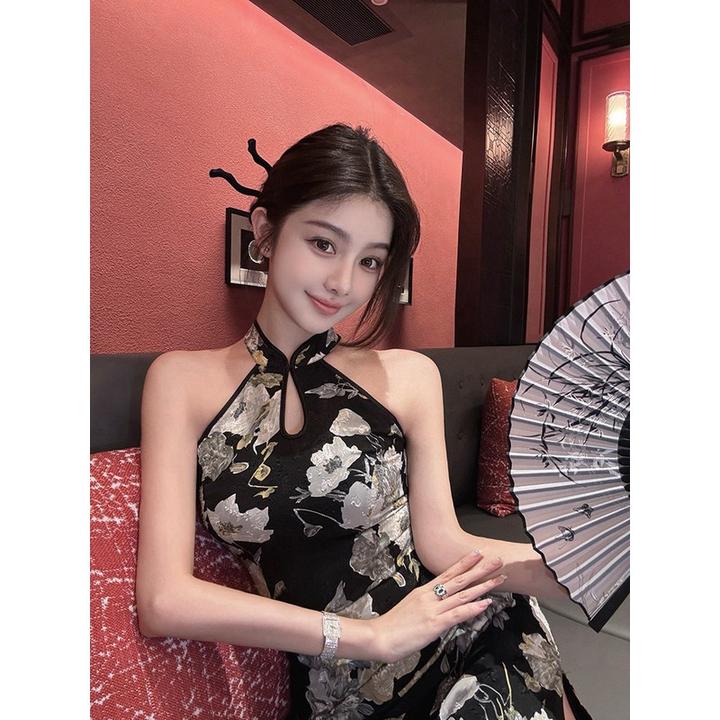 画报夫人夏季性感黑色新中式无袖挂脖旗袍连衣裙国风复古修身显瘦