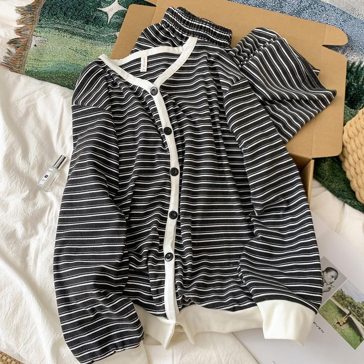 睡衣女士秋冬季长袖大码德绒2025新款保暖黑色条纹色织套装家居服