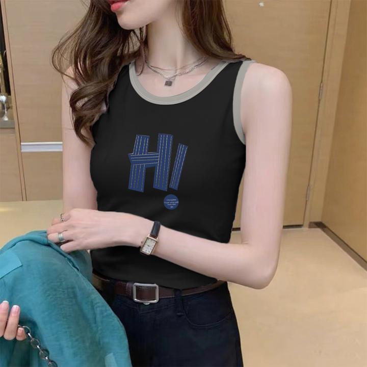 黑色白色纯棉无袖背心夏季修身通勤宽松显瘦打底外穿圆领印花上衣