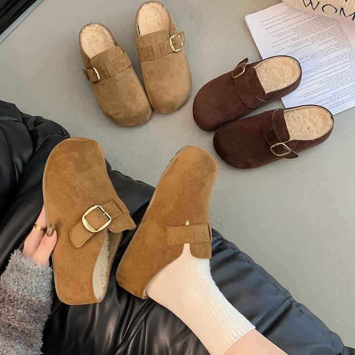 7cm小个子内增高勃肯拖鞋女新款加绒厚底包头半拖鞋女外穿博肯鞋
