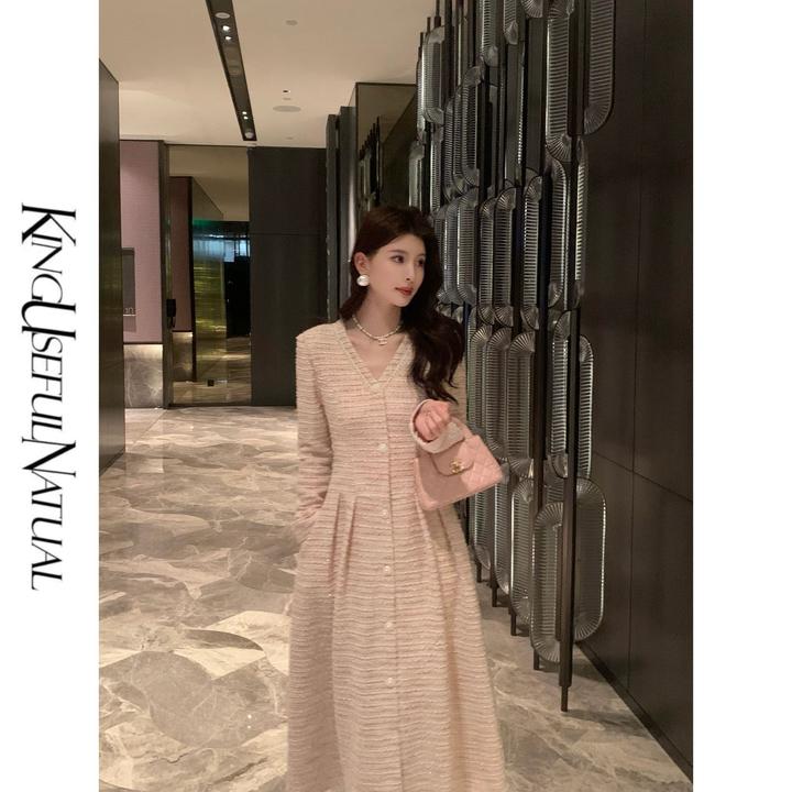 KUN【睡美人】多季可穿 小香微弹针织线条定制嫩粉色百搭显瘦连衣裙