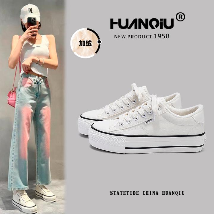环球加绒保暖帆布鞋女2025秋冬新款网红休闲百搭学生时尚小白鞋