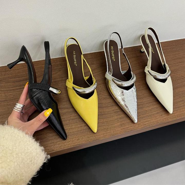 2025春夏新款银色高跟鞋小众设计款时尚百搭尖头网红包头后空凉鞋