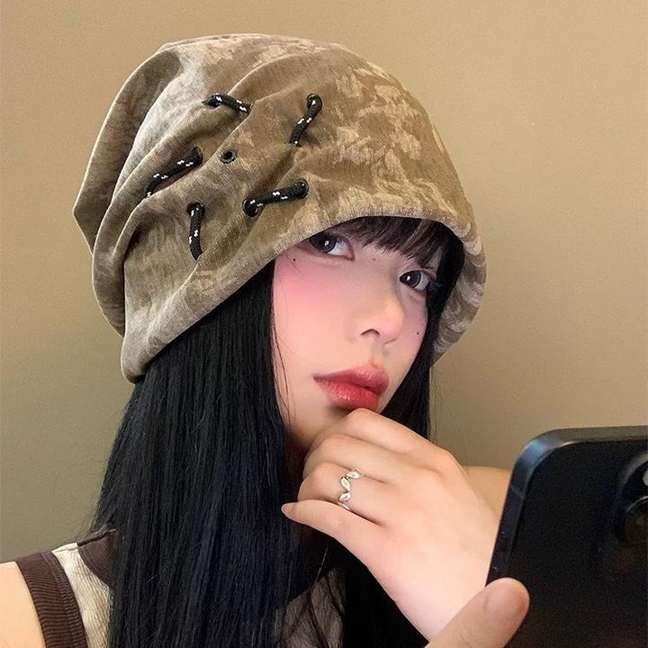 韩版抽绳扎染堆堆帽子女潮秋冬街头网红冷帽显脸小复古个性套头帽