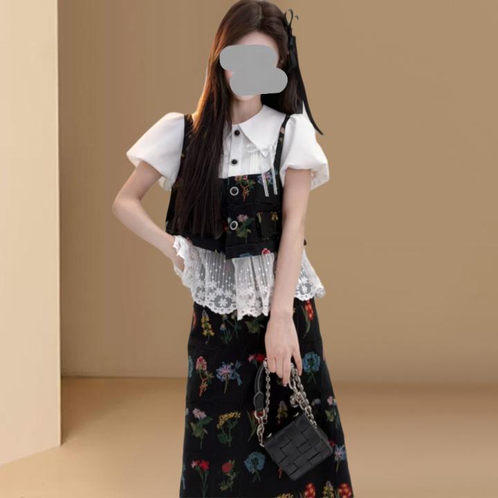 财阀千金老钱风时尚套装女2025夏蕾丝拼接马甲衬衫+半身裙两件套
