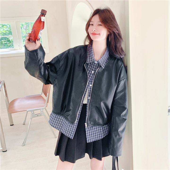 减龄格纹拼接黑色皮衣外套女秋2025新款小个子PU夹克爆款机车服