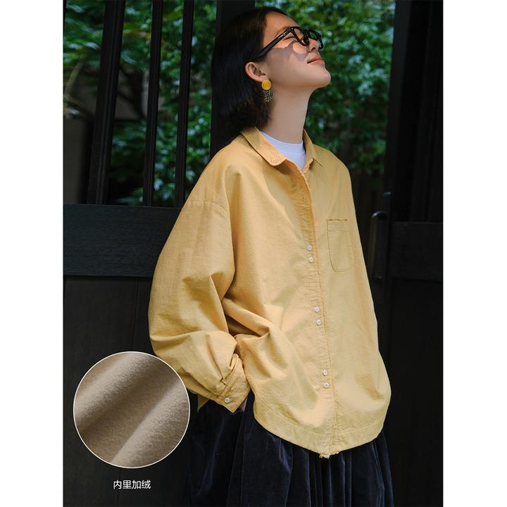 麻霖小众冬装新品桑蚕丝羊绒棉色织小翻领刺绣文艺复古加绒衬衫