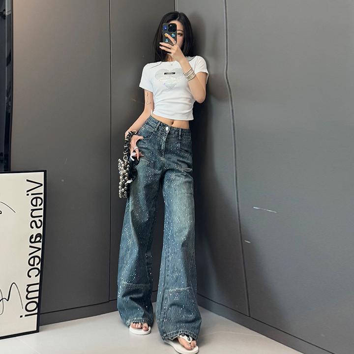 正肩烫钻短袖t恤女士半袖短款上衣复古重工满天星烫钻直筒牛仔裤