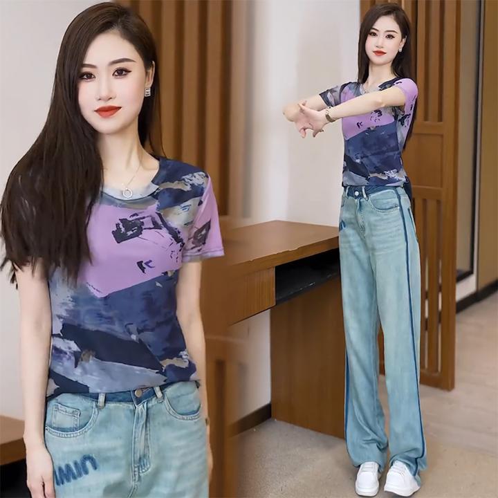 FEIR2025夏季莫奈花园波点圆领短袖T恤洋气修身显瘦双层网纱上衣