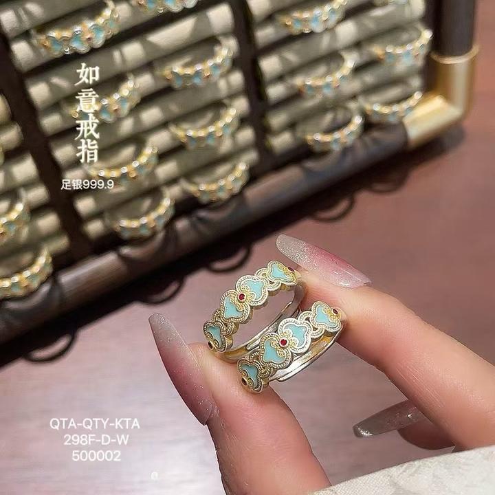 足银戒指 宫廷珐琅彩银戒指女足银999.9如意描金足银戒指国风时尚