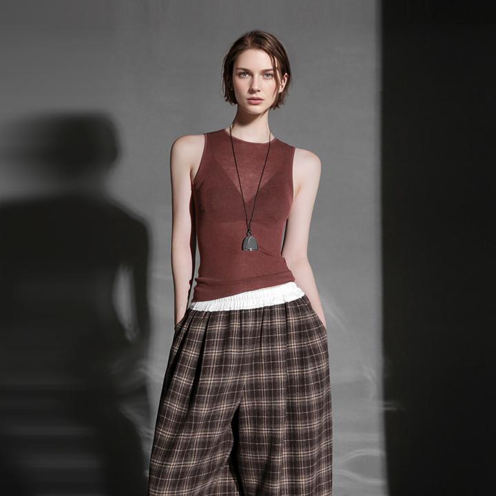 MEILI-复古格纹高腰线羊毛阔腿裤慵懒风垂感显腿长直筒裤PI25K168