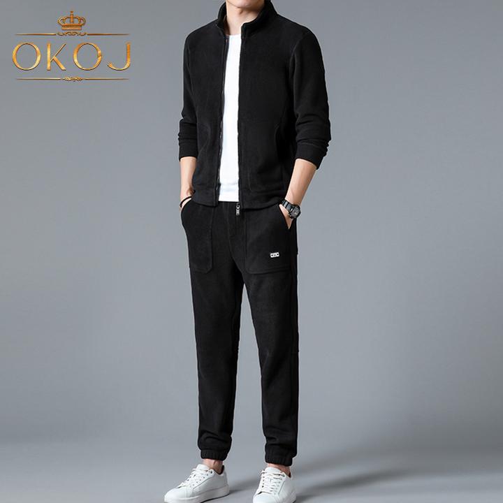 OKOJ运动套装男抓绒衣摇粒绒加绒保暖秋冬新款中年时尚休闲两件套