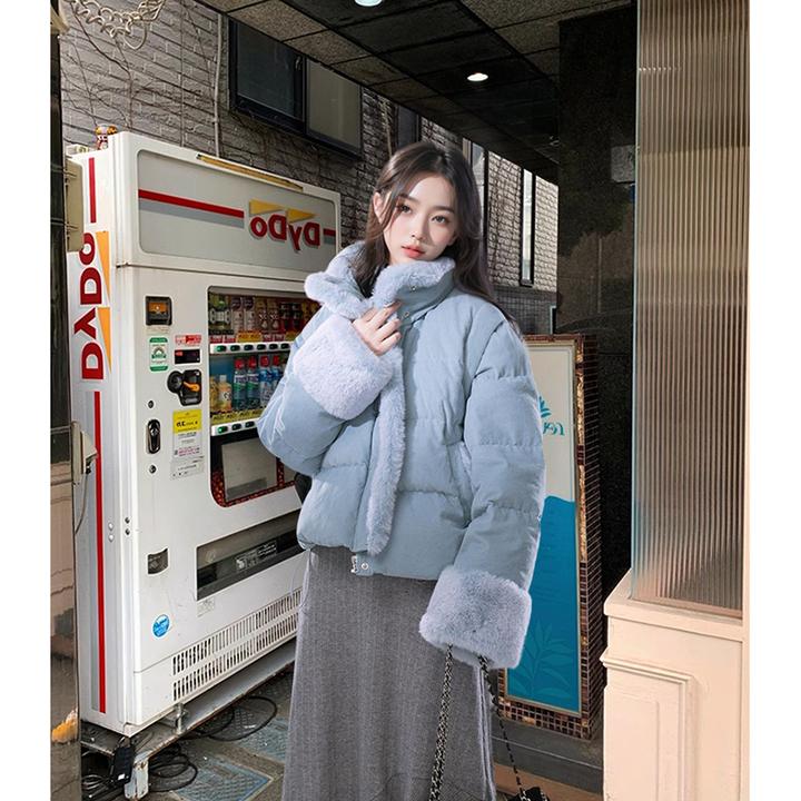 蔚蓝海岸 清冷高级设计感毛绒拼接棉服外套女冬季爆款气质棉衣ins