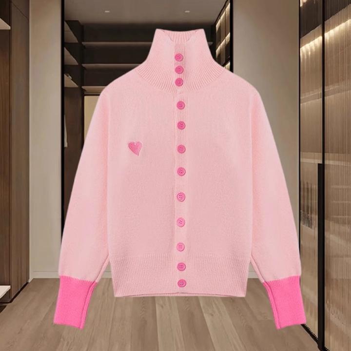 韩系拼色设计感高领单排扣针织衫通勤超好看温柔洋气宽松舒适毛衣