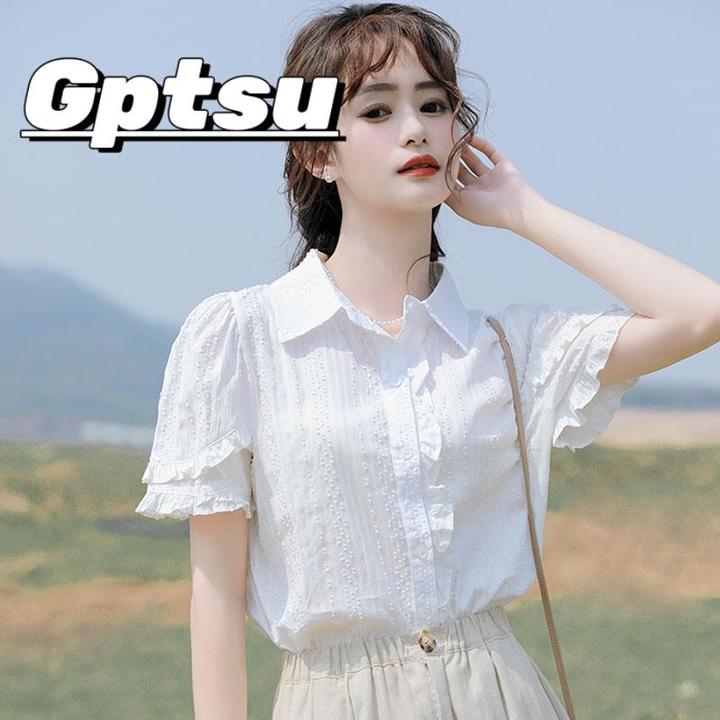 GPTSu白衬衫荷叶袖夏季新款装高级设计小清新宽松遮肚子上衣短款