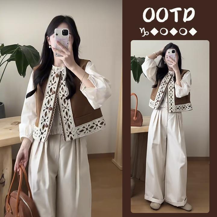 春季搭配一整套大码胖mm衬衫刺绣马甲牛仔裤子叠穿时尚三件套装女