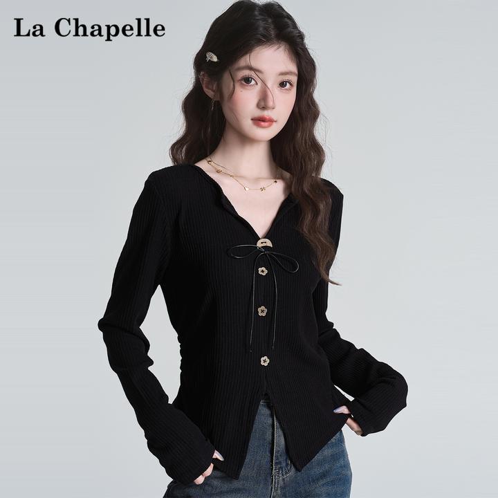 拉夏贝尔黑色法式修身长袖T恤女2025秋季新款漂亮独特打底衫上衣