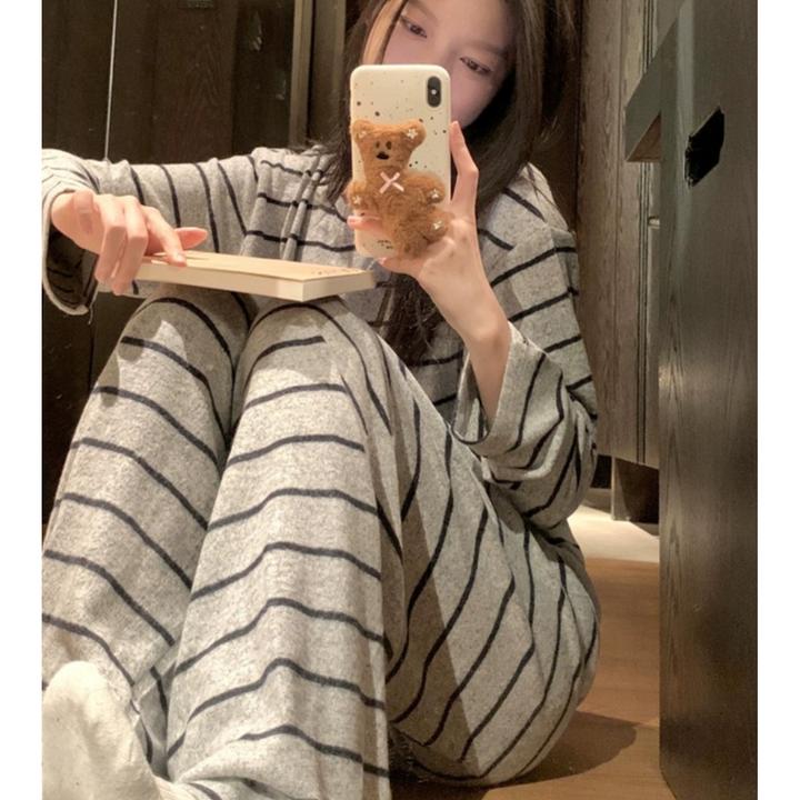 韩系灰色条纹长袖睡衣秋冬季2025新款简约网红保暖家居服两件套zk