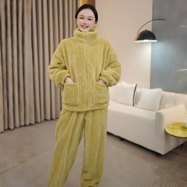 冬季新款女士双面加绒加厚睡衣爆款家居服小个子套装保暖立领外穿